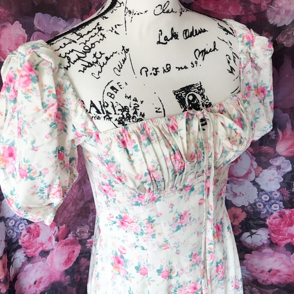 Floral dress puff sleeve summer flower slit long maxi cream gold women’s ruched - Picture 3 of 13